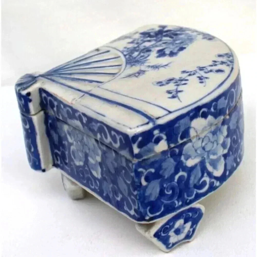 Vintage Antique Porcelain Asian Japanese Asahi Fan Trinket Footed Jewelry Box